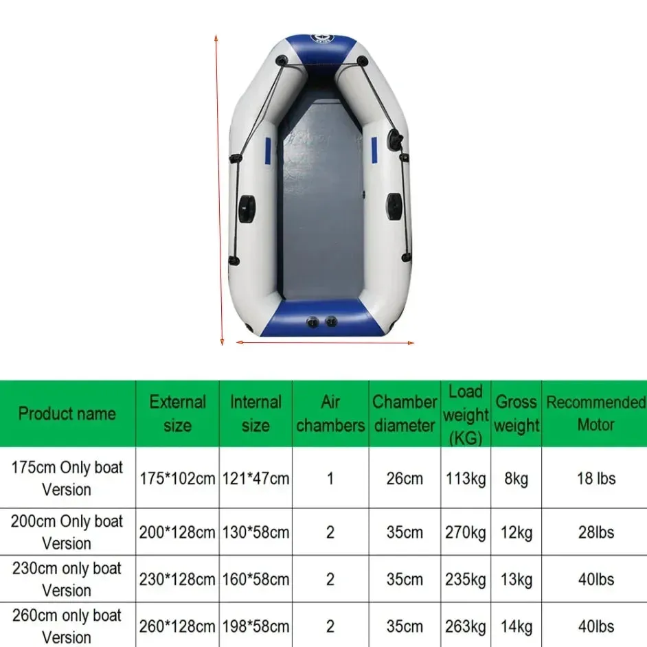 175-260cm Inflatable Boat Fishing Kayak PVC Wear-resistant Foldable Air Rowing for 1-5Person Dinghy Canone Outdoor Water Sports