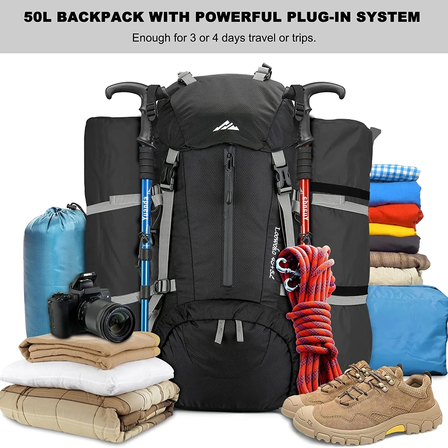 50L Waterproof Hiking Backpack with Rain Cover - Lightweight & Versatile
