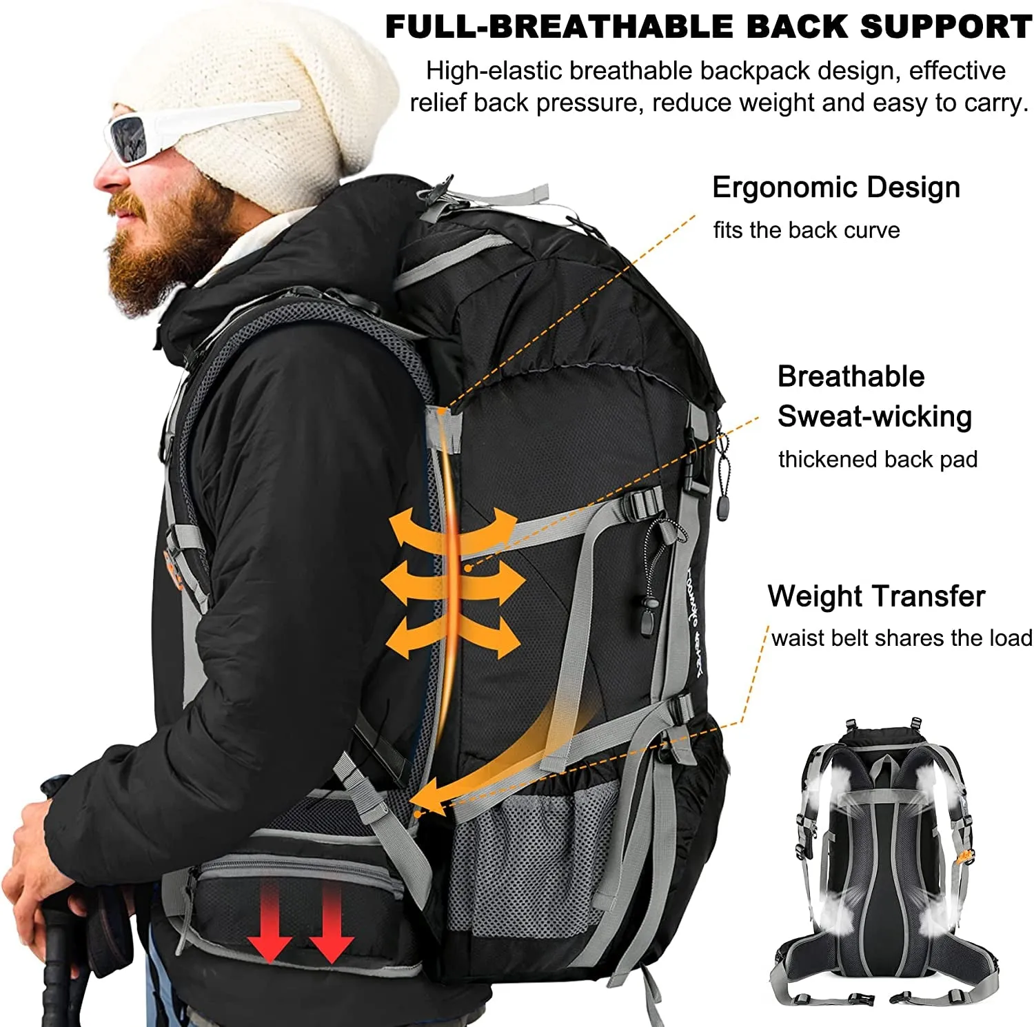 50L Waterproof Hiking Backpack with Rain Cover - Lightweight & Versatile