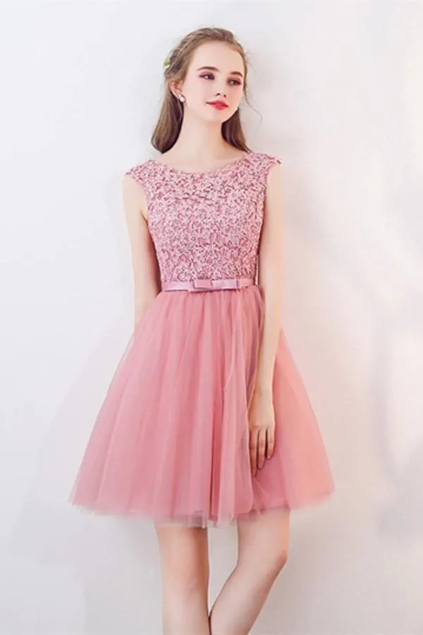 A-Line Cap Sleeves Appliques Bowknot Crystal Sashes Homecoming Dress PG154