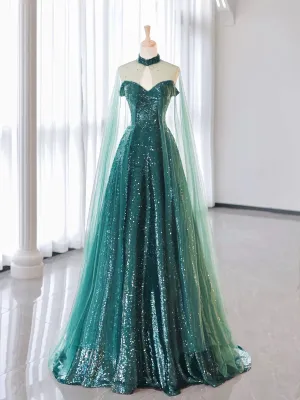 A-line Green Sequins Long Party Dress with Tulle Cap, Green Sequins Prom Dress