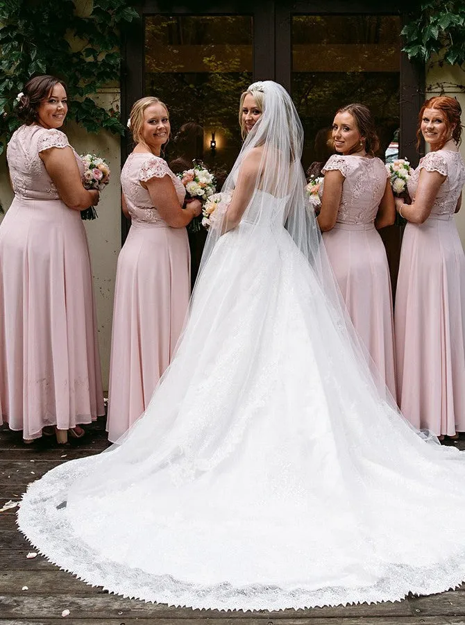 A-line Lace Top Cap Sleeves Long Pink Chiffon Bridesmaid Dresses, BD0593