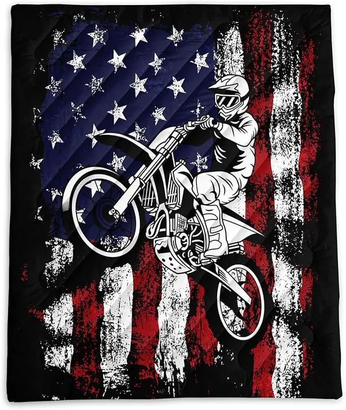 Axolotl Dirt Bike Camping Blanket,American Flag Puffy Printed Blanket,Motocross Racer Packable Outdoor Blanket,White Red Stars Stripes USA Flag Lightweight Backpacking for Camping,Picnic,Hiking,Beach