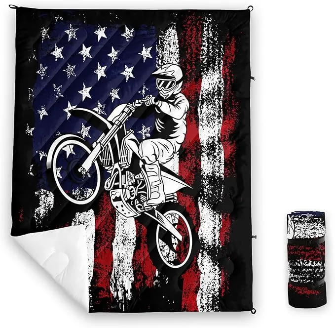 Axolotl Dirt Bike Camping Blanket,American Flag Puffy Printed Blanket,Motocross Racer Packable Outdoor Blanket,White Red Stars Stripes USA Flag Lightweight Backpacking for Camping,Picnic,Hiking,Beach