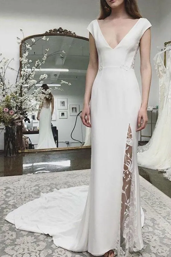 Beach Wedding Dress Cap Sleeves Appliques Backless Lace Bridal Dresses TN199