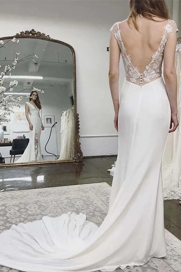 Beach Wedding Dress Cap Sleeves Appliques Backless Lace Bridal Dresses TN199