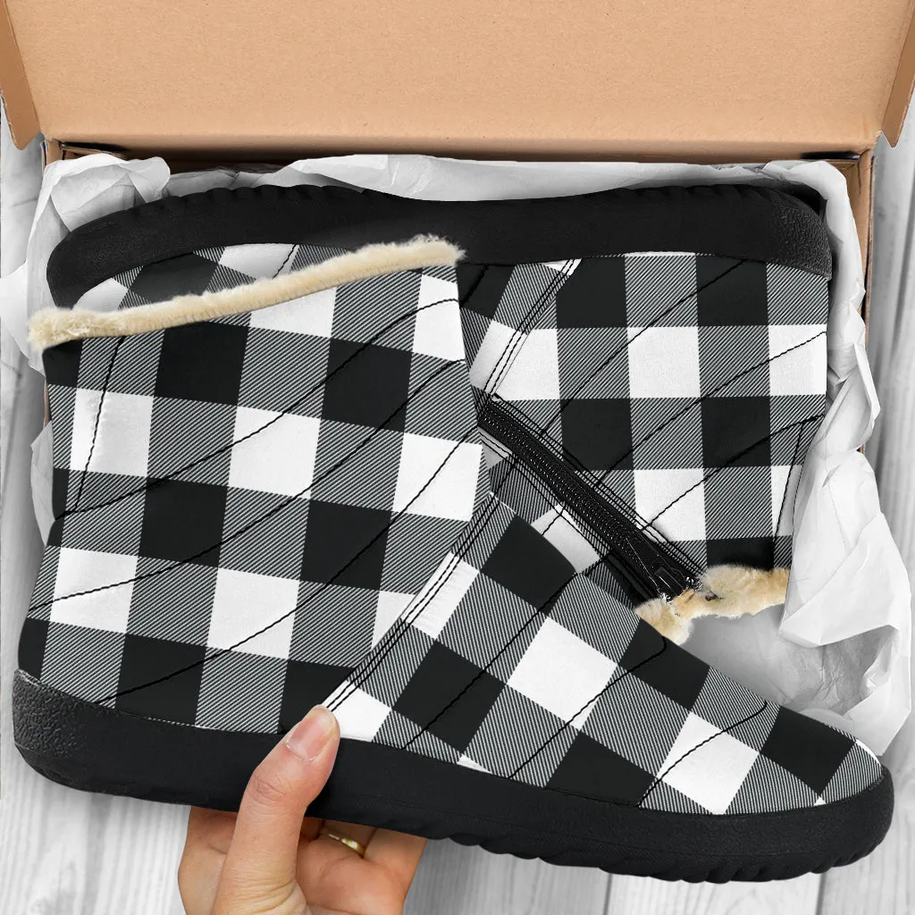 Black and White Buffalo Plaid Faux Fur Lined Winter Slipper Boots Indoor Outdoor
