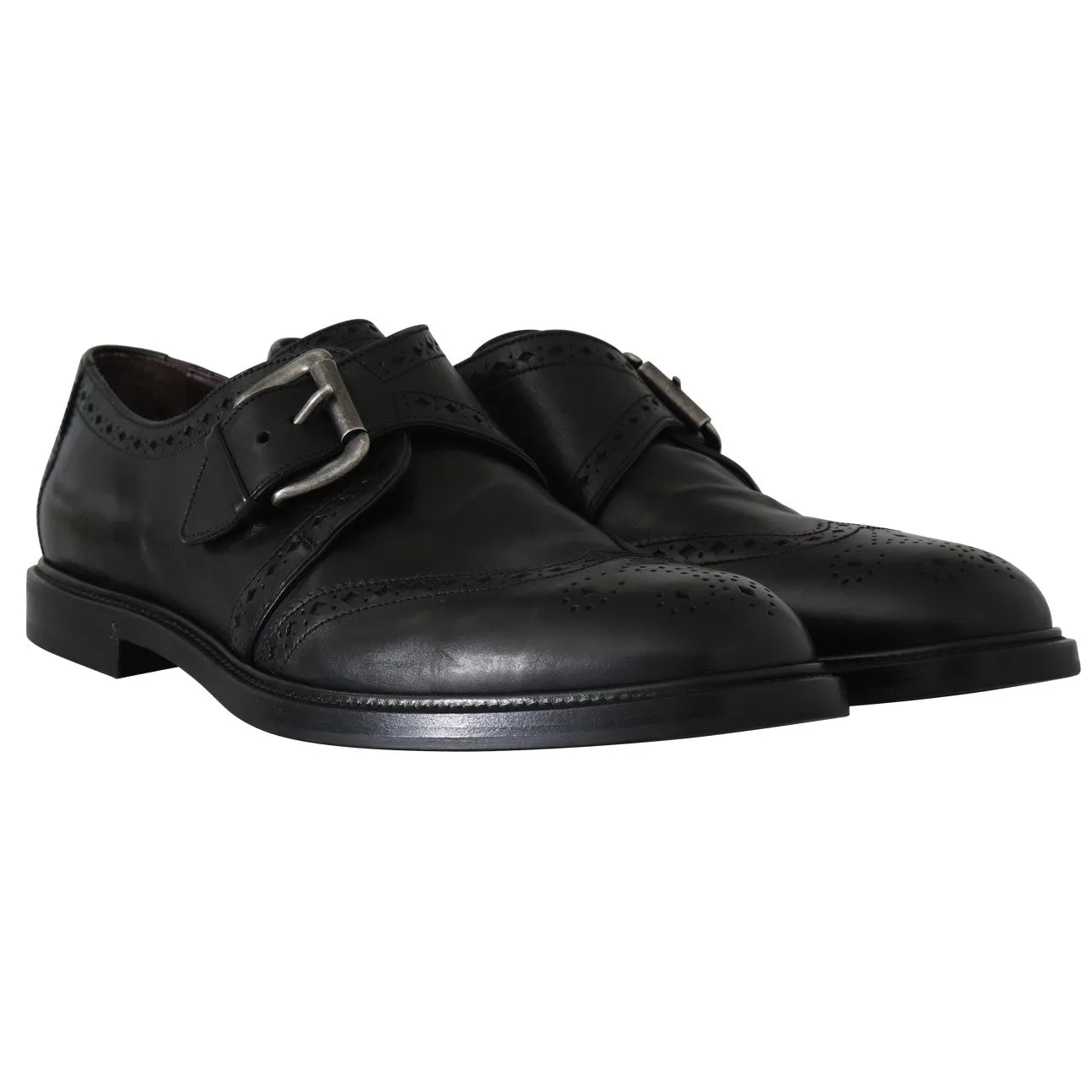 Black Leather Monkstrap Wingtip Shoes