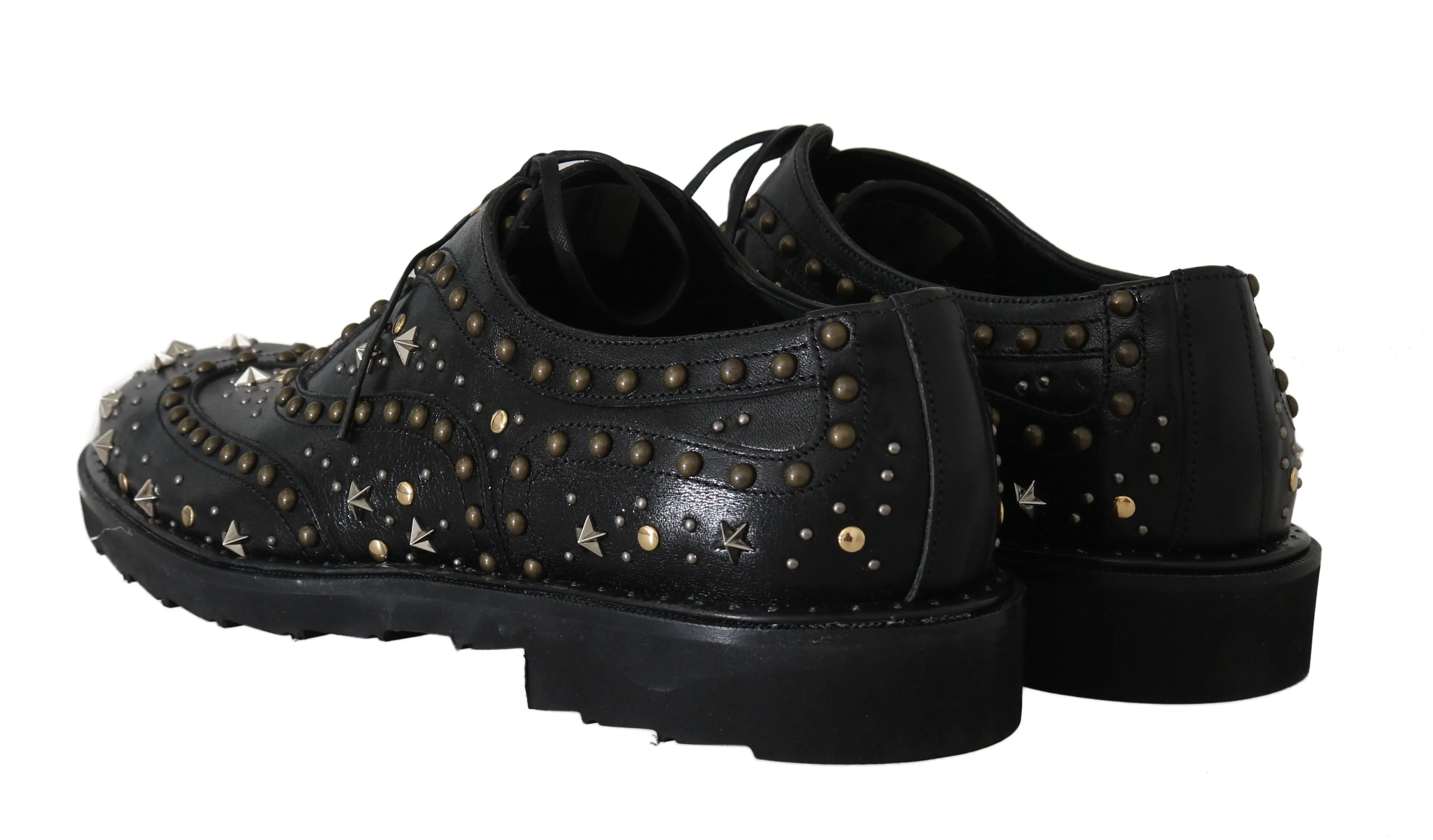 Black Leather Wingtip Derby Studded Shoes