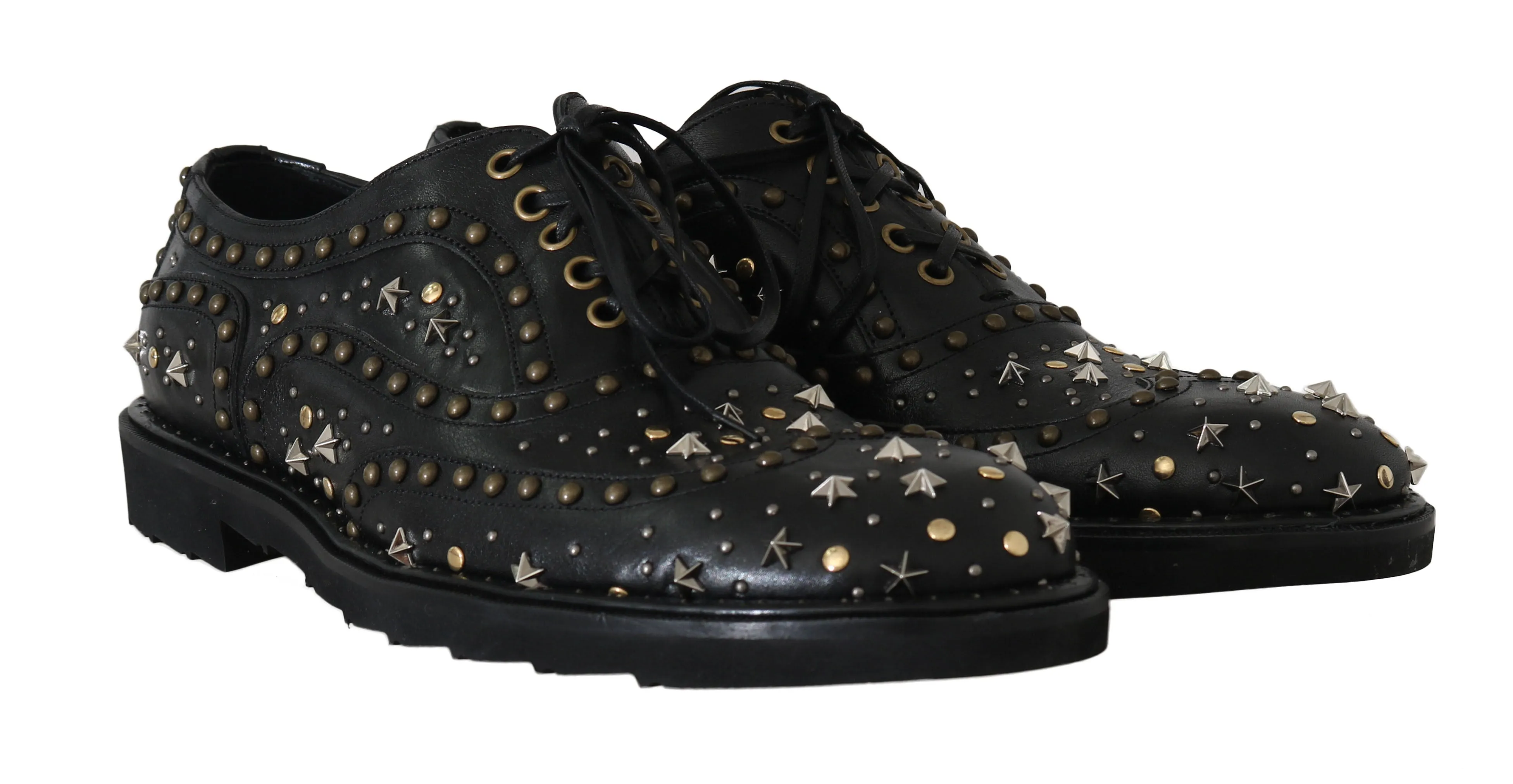Black Leather Wingtip Derby Studded Shoes