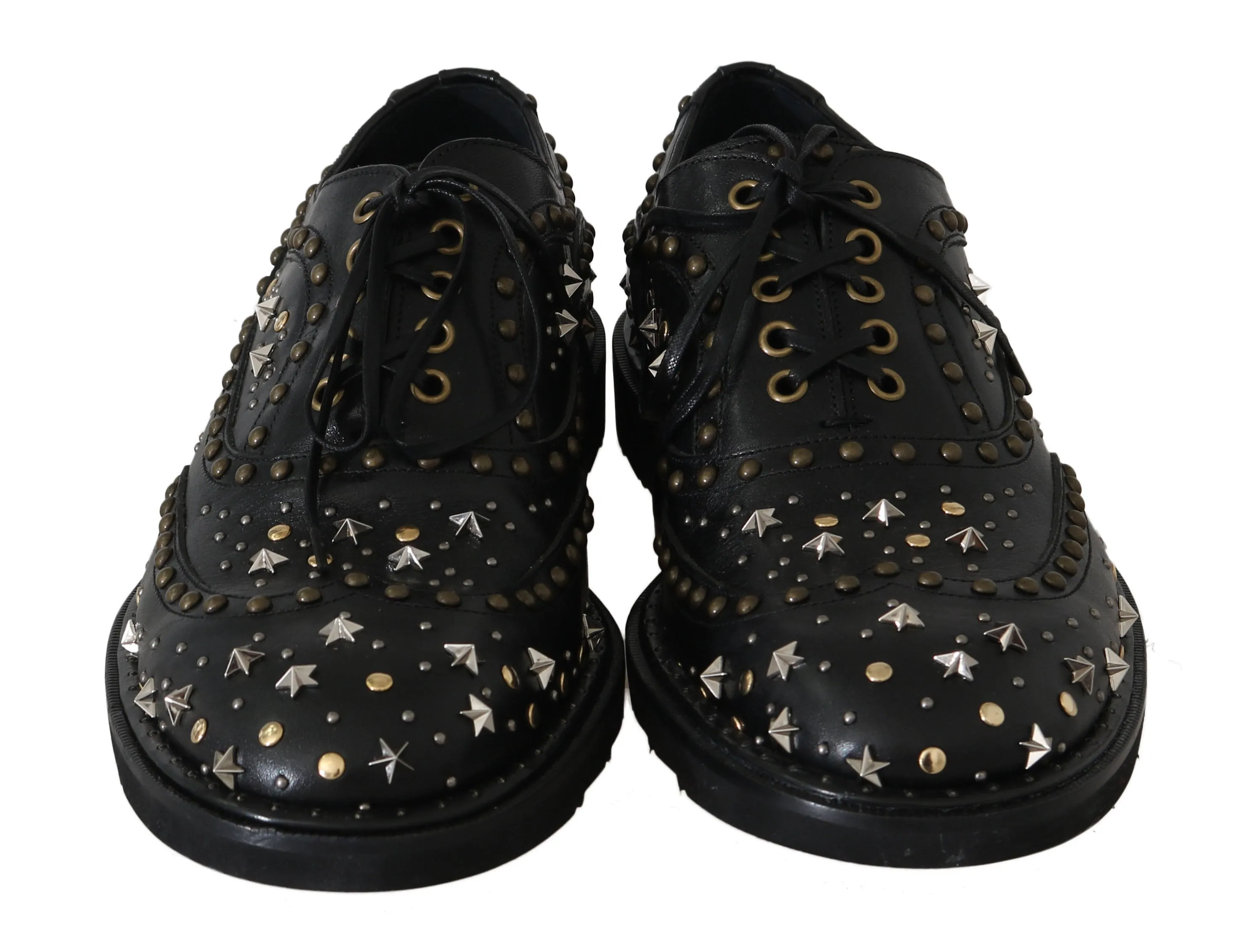 Black Leather Wingtip Derby Studded Shoes