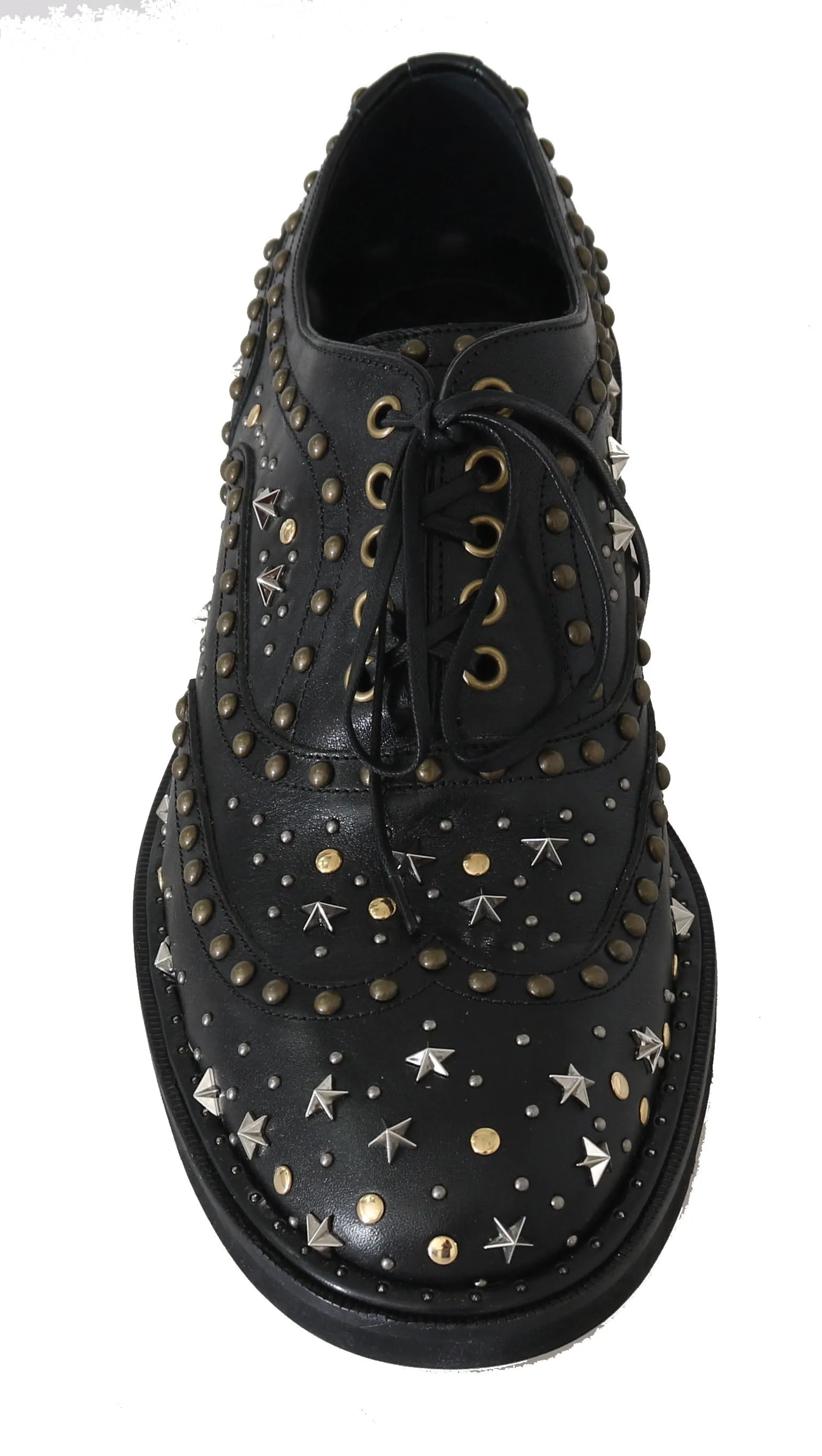 Black Leather Wingtip Derby Studded Shoes
