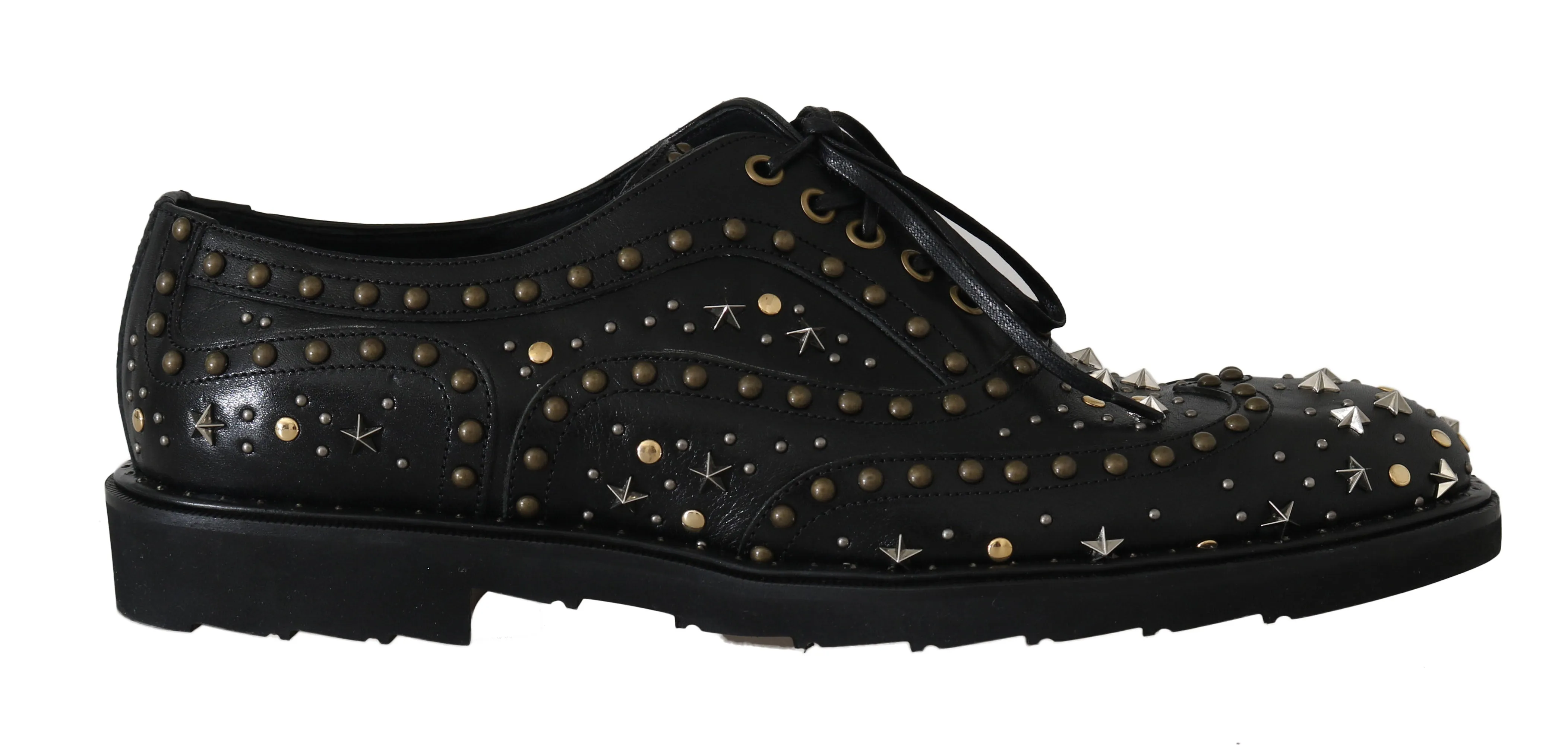 Black Leather Wingtip Derby Studded Shoes