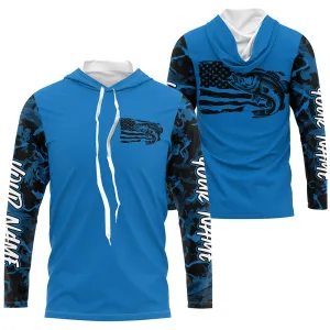 Blue Camo US Flag Largemouth Bass Custom Patrotic Long Sleeve Hooded Fishing Shirt IPHW8135