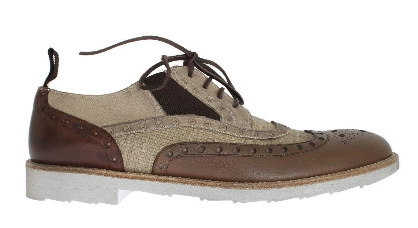 Brown Beige Leather Wingtip Shoes