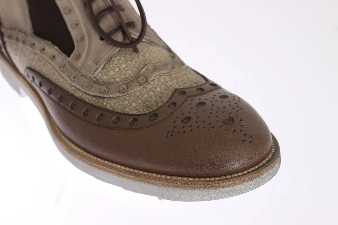 Brown Beige Leather Wingtip Shoes