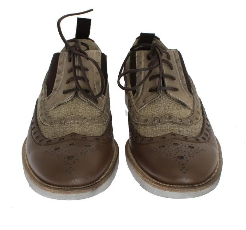 Brown Beige Leather Wingtip Shoes