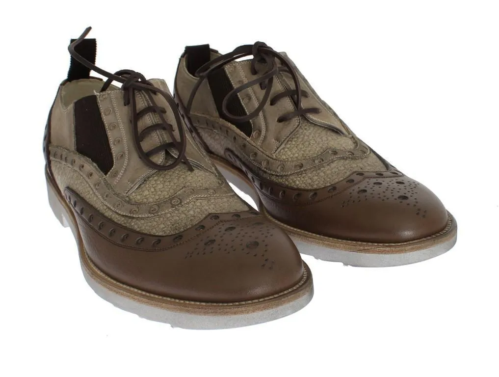 Brown Beige Leather Wingtip Shoes