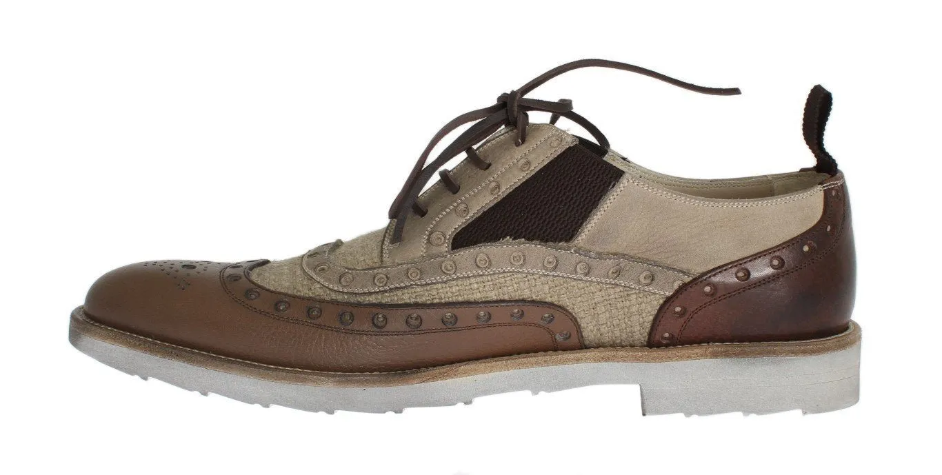 Brown Beige Leather Wingtip Shoes