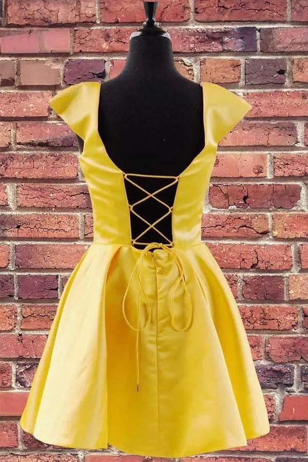 Cap Sleeves Short Yellow Homecoming Dress with Lace Up Back HD0057