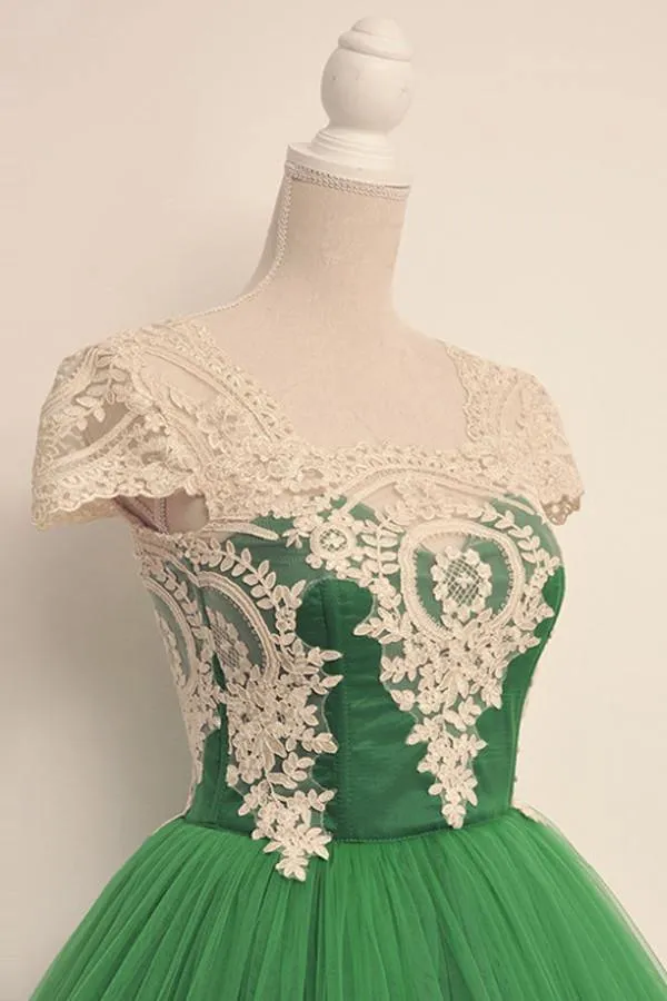 Cap Sleeves Square Knee-Length Green Homecoming Dress With Lace TR0100