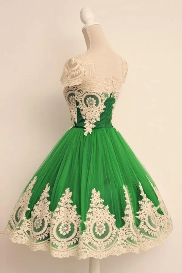 Cap Sleeves Square Knee-Length Green Homecoming Dress With Lace TR0100