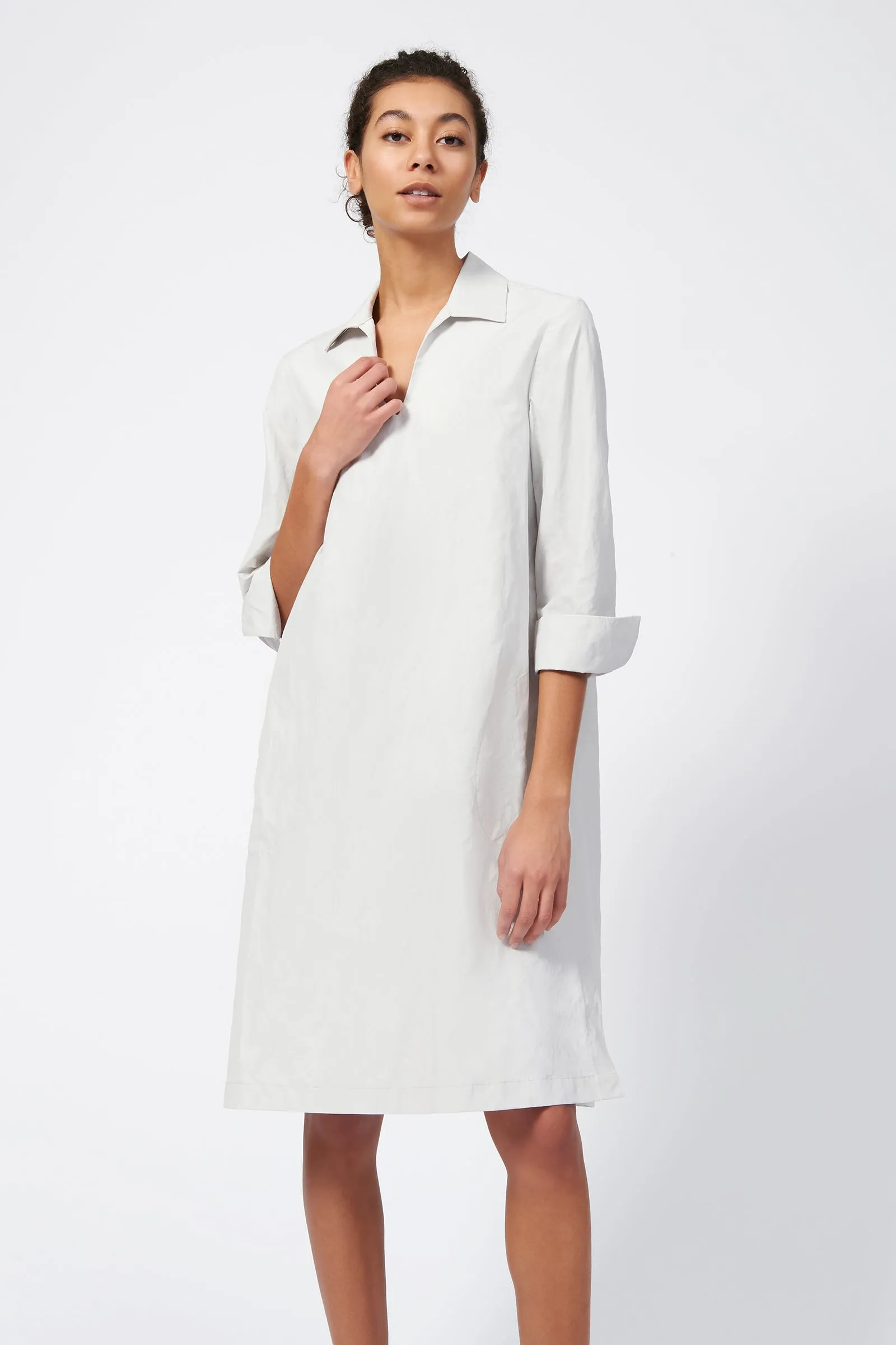 Cecil Collared V-Neck Dress - Stone Broadcloth