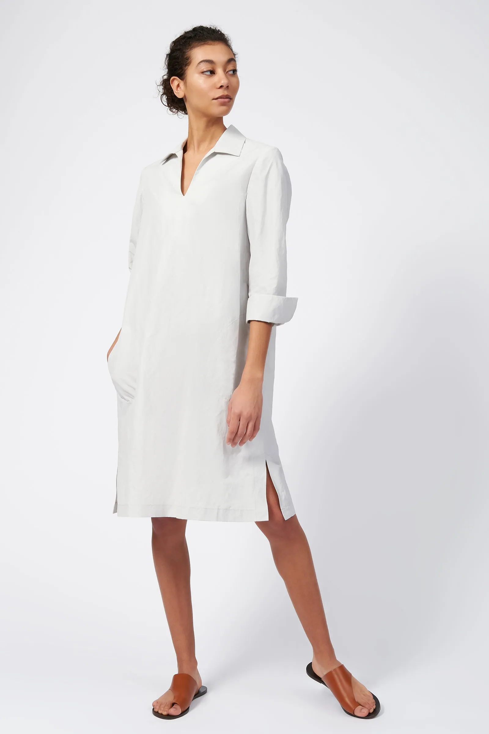 Cecil Collared V-Neck Dress - Stone Broadcloth
