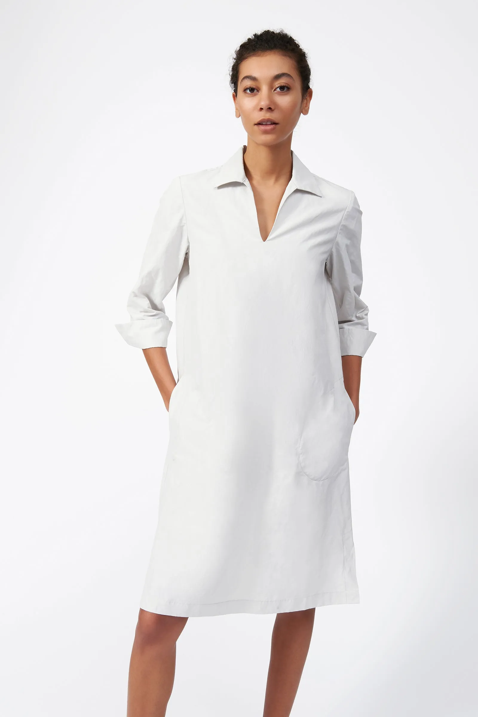 Cecil Collared V-Neck Dress - Stone Broadcloth