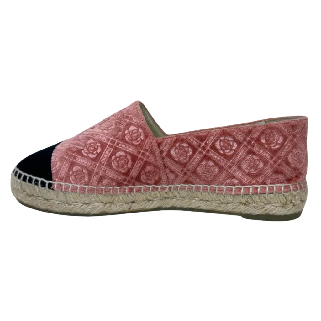 Chanel Pink Rose Velvet Black Cap Toe Espadrilles, 37