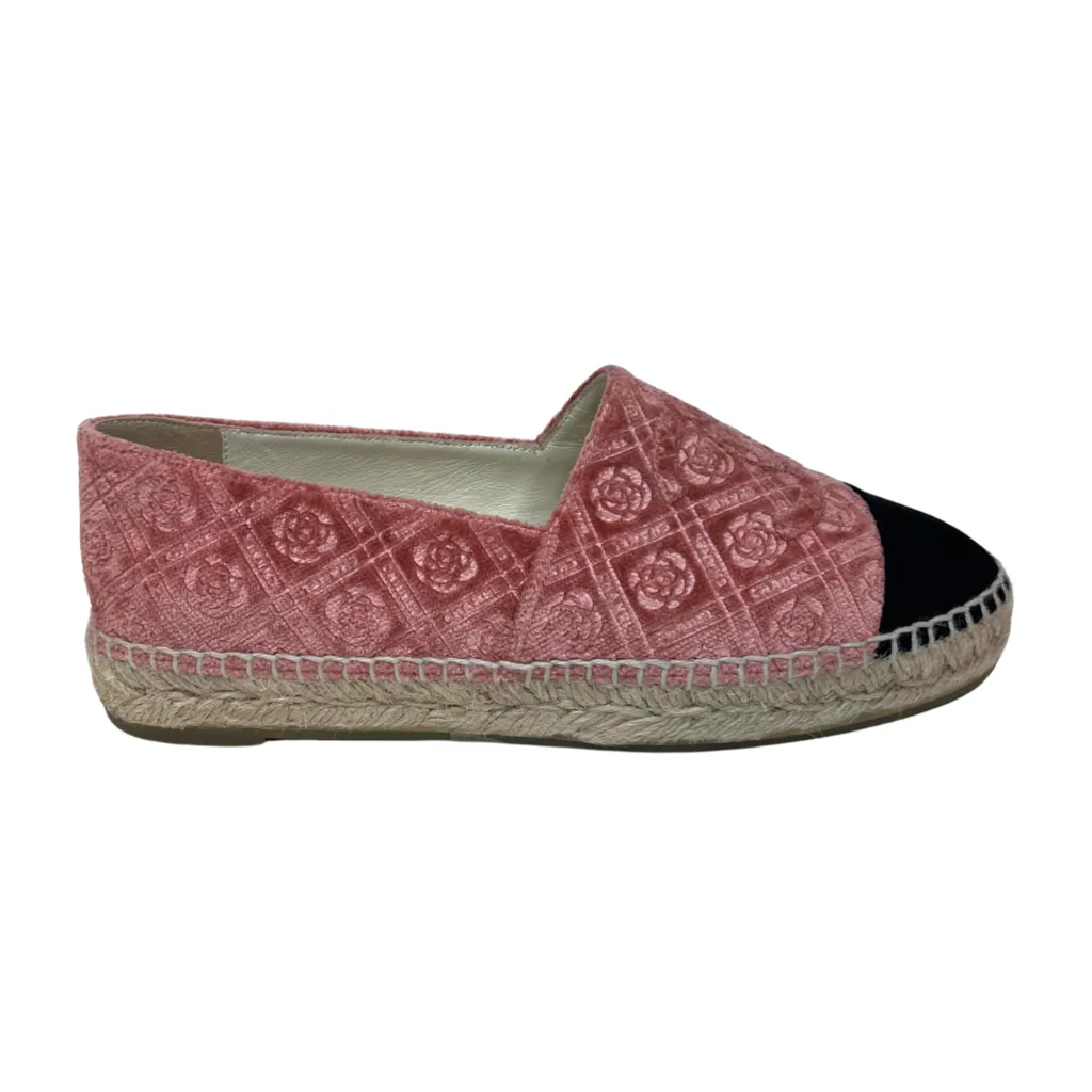 Chanel Pink Rose Velvet Black Cap Toe Espadrilles, 37