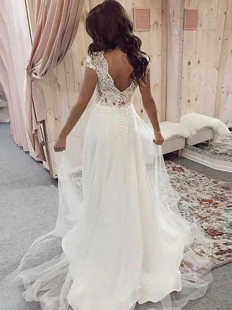 Charming A Line V Neck Cap Sleeves Tulle Wedding Dresses  TN264