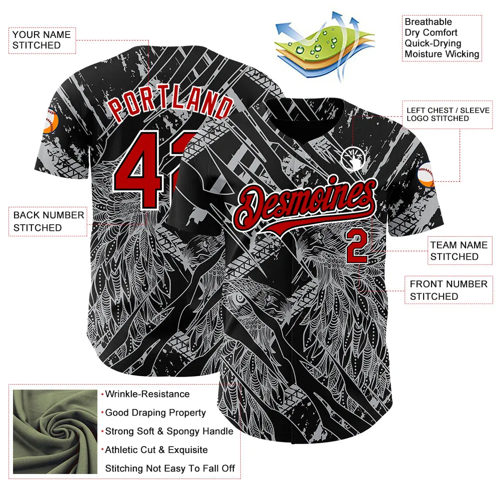 Custom Black Red-White 3D Pattern Design Animal Eagle Authentic Baseball Jersey