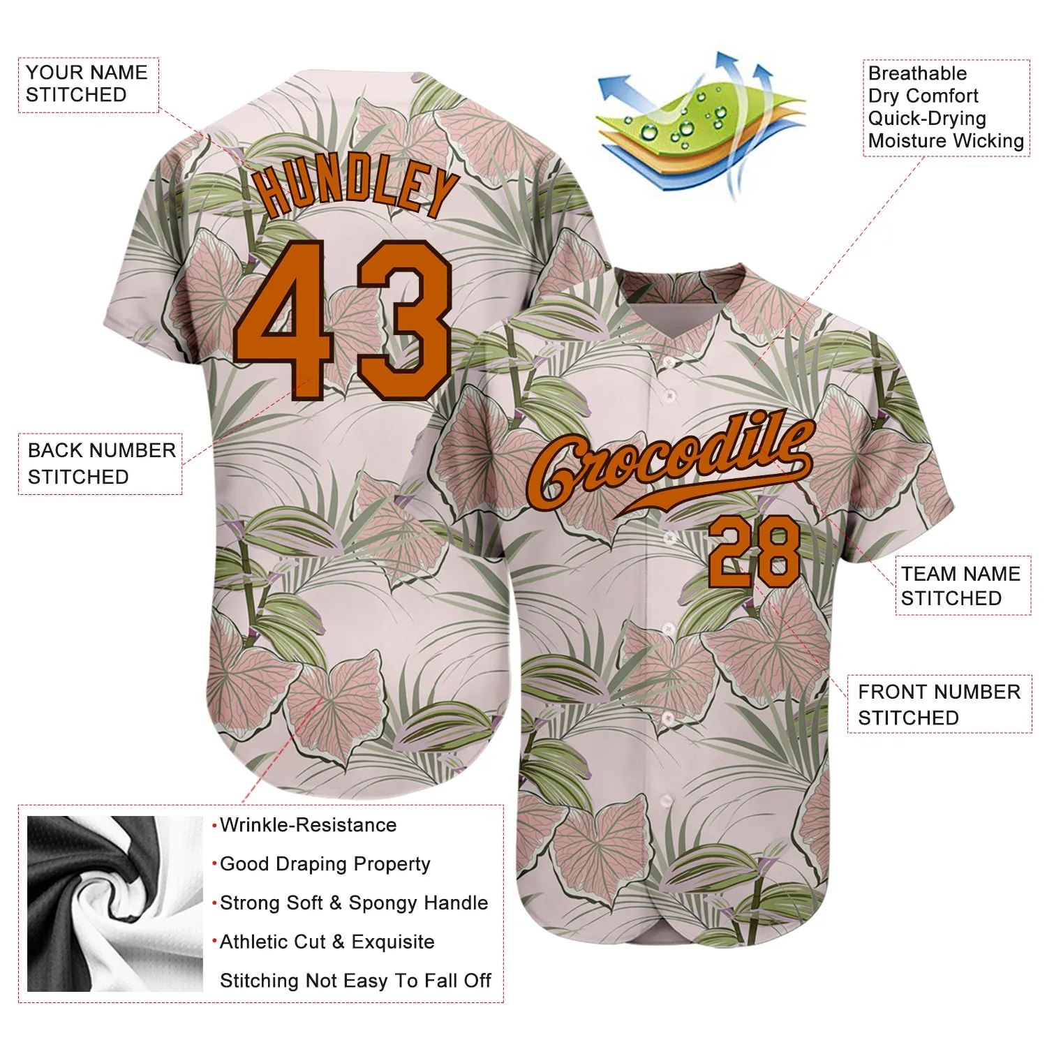 Custom Light Pink Texas Orange-Brown 3D Pattern Design Tropical Hawaii Plants Authentic Baseball Jersey