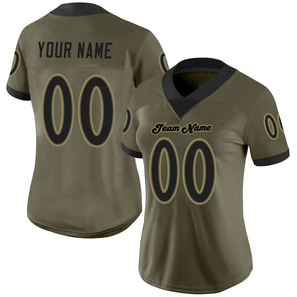 Custom Olive Black-Old Gold Mesh Salute To Service Football Jersey
