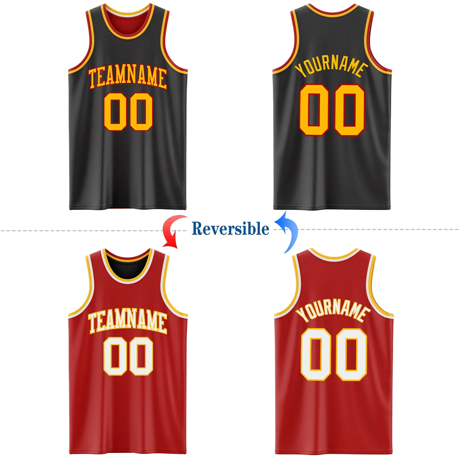Custom Reversible Black Gold-Red Double Side Authentic Basketball Jersey