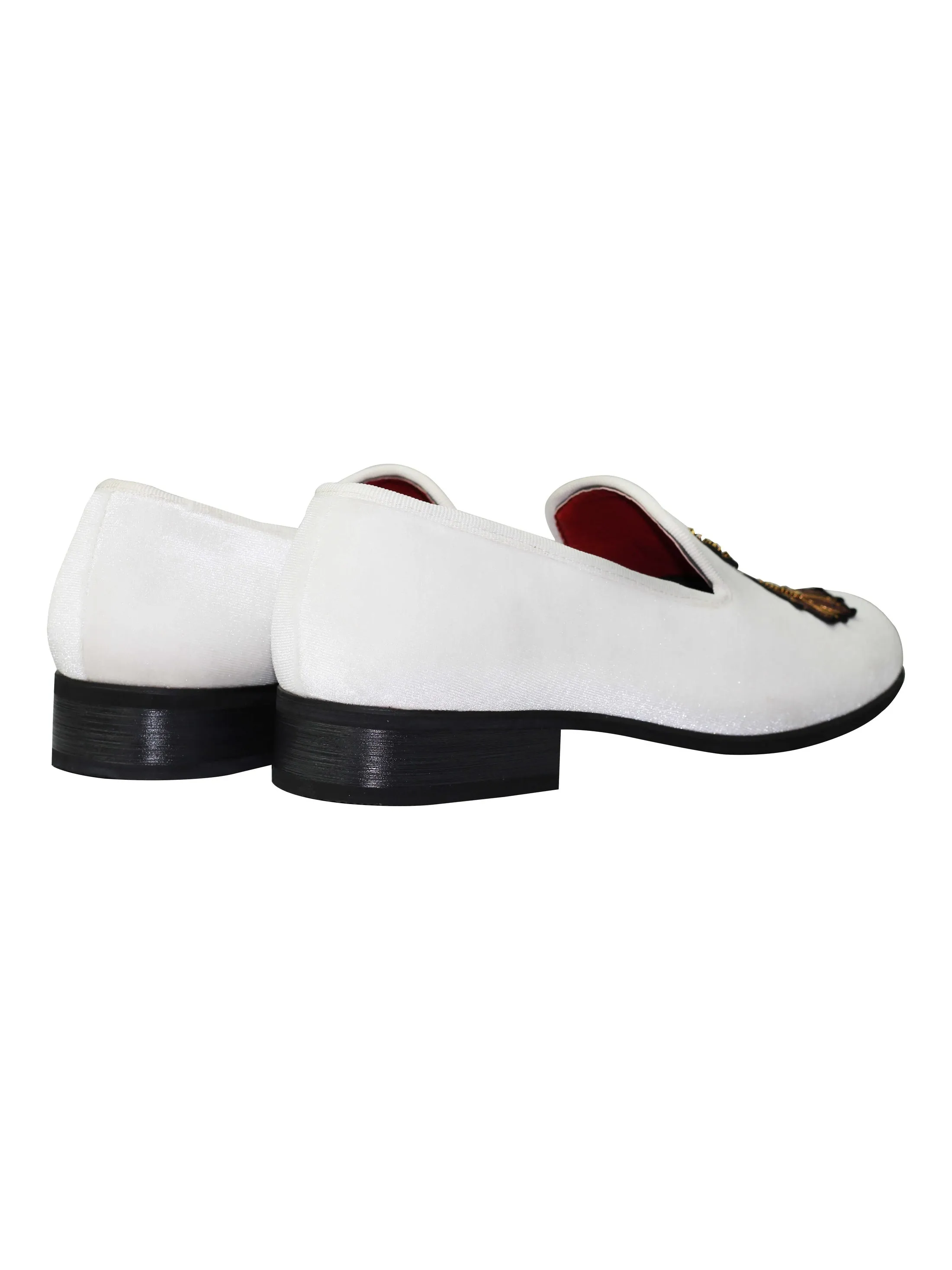 FAUX LEATHER EMBROIDERED VELVET LOAFERS IN WHITE