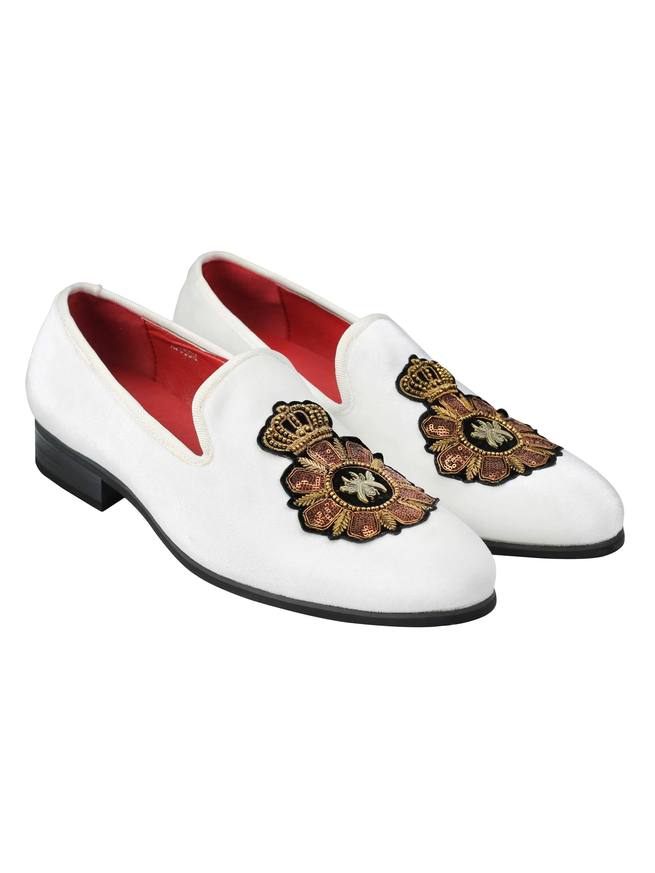 FAUX LEATHER EMBROIDERED VELVET LOAFERS IN WHITE