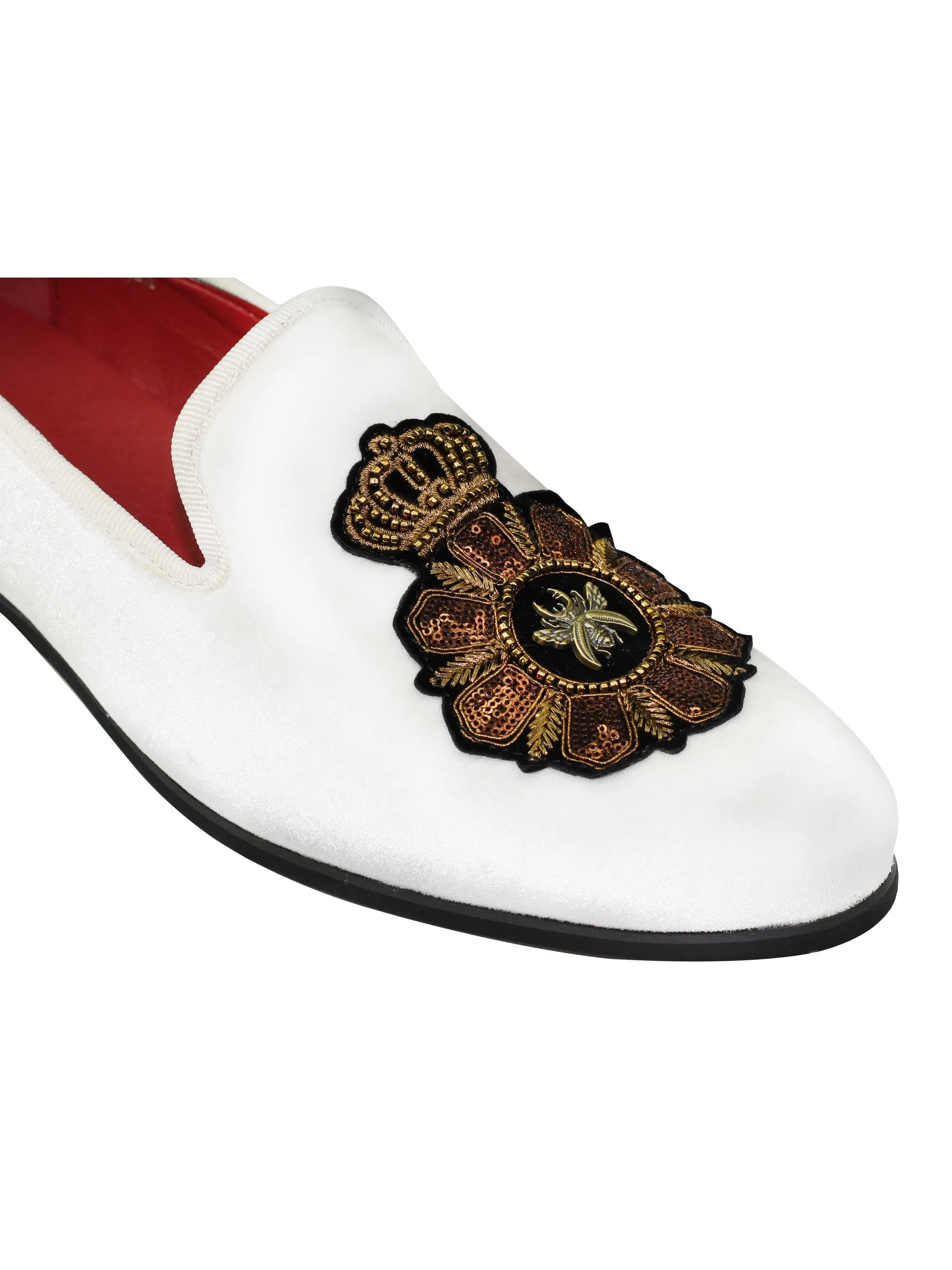 FAUX LEATHER EMBROIDERED VELVET LOAFERS IN WHITE