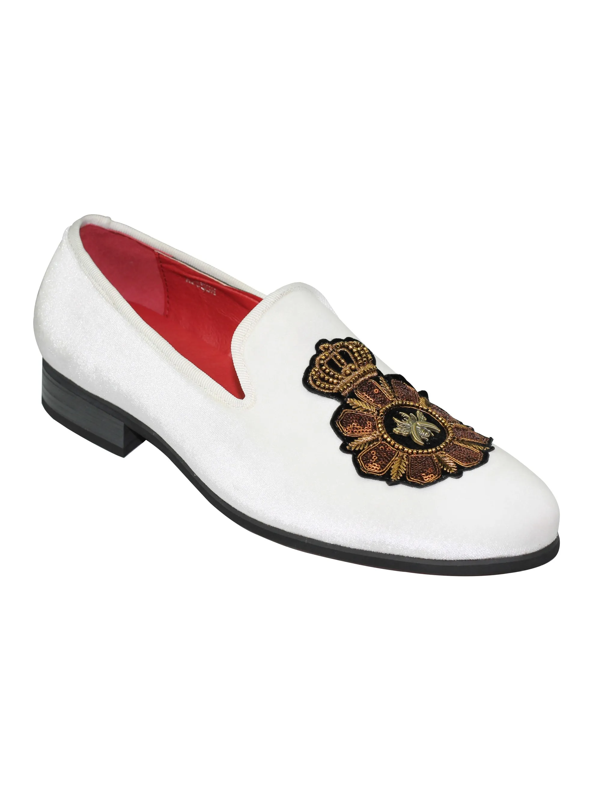 FAUX LEATHER EMBROIDERED VELVET LOAFERS IN WHITE