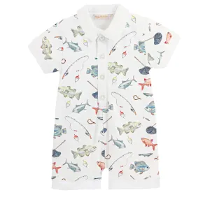 Fishing Day Printed Romper w/ Collar