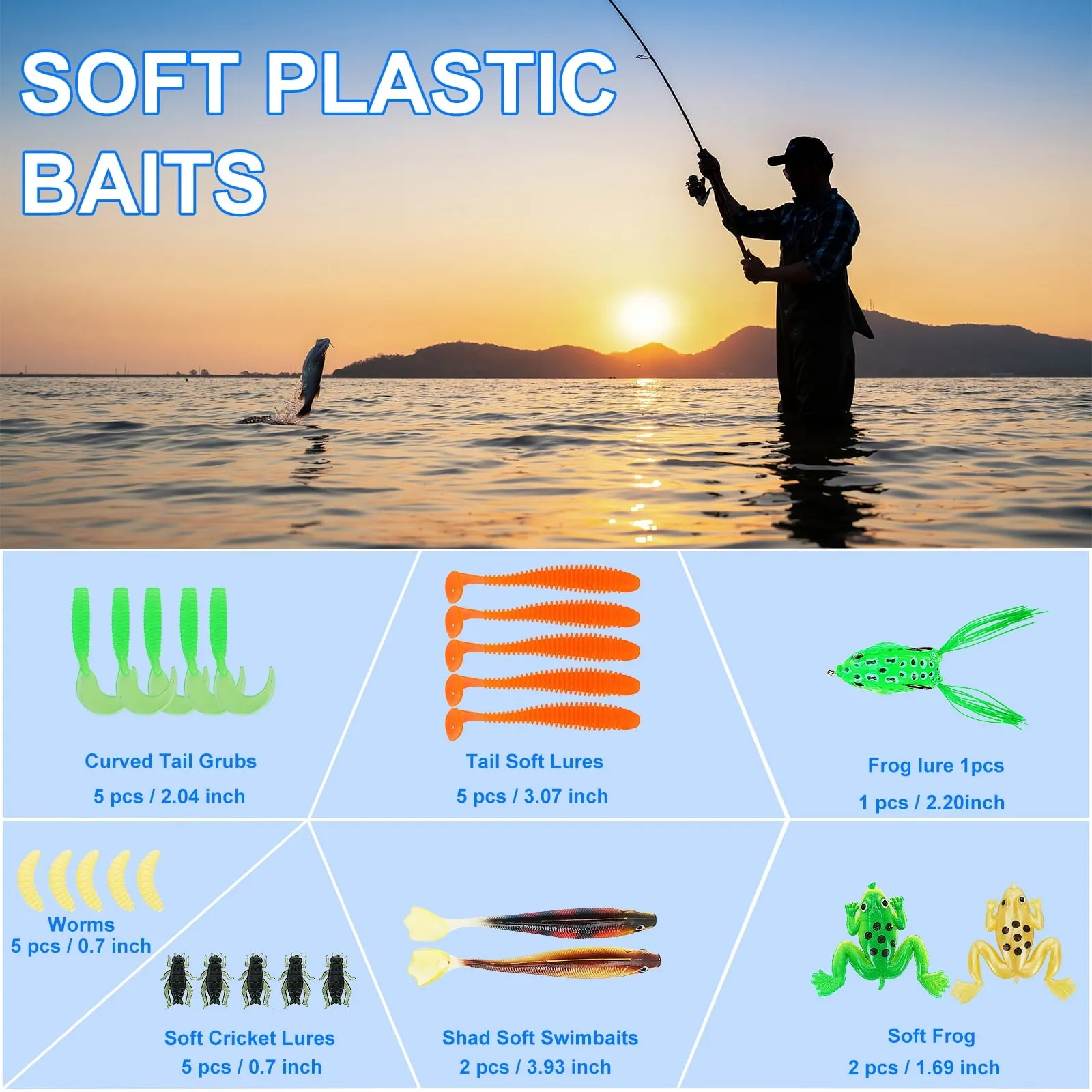 Fishing Lures Tackle Box Bass Fishing Baits Including Animated Lure,Crankbaits,Soft Plastic Worms,Topwater Lures etc Saltwater & Freshwater Fishing Gear Kit for Bass,Trout, Salmon.
