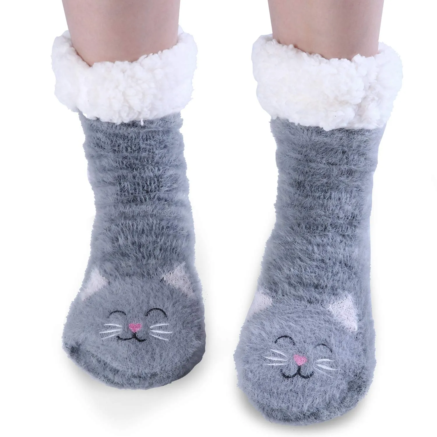 Fuzzy Cat Slipper Socks With Grippers