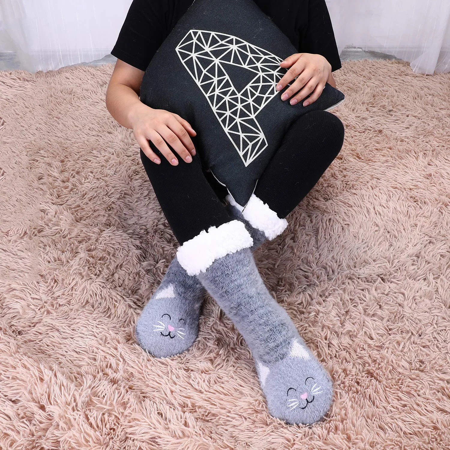 Fuzzy Cat Slipper Socks With Grippers