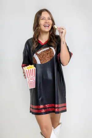 Game Time Faux Leather Stretch Sequin Football Oversized Dress