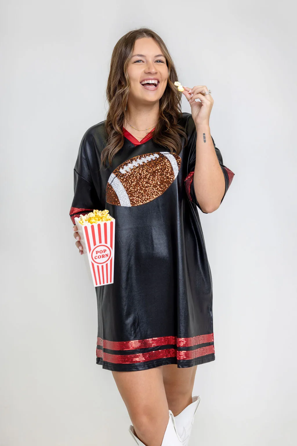 Game Time Faux Leather Stretch Sequin Football Oversized Dress