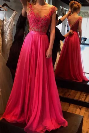 Gorgeous Chiffon A-line Cap Sleeves Prom Dresses, Party Dresses with Lace, MP257