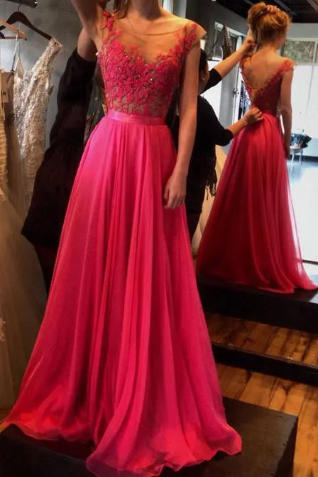 Gorgeous Chiffon A-line Cap Sleeves Prom Dresses, Party Dresses with Lace, MP257