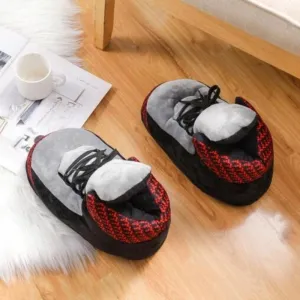 Gray Red Fashion Slippers – Plush and Soft for Cold Days