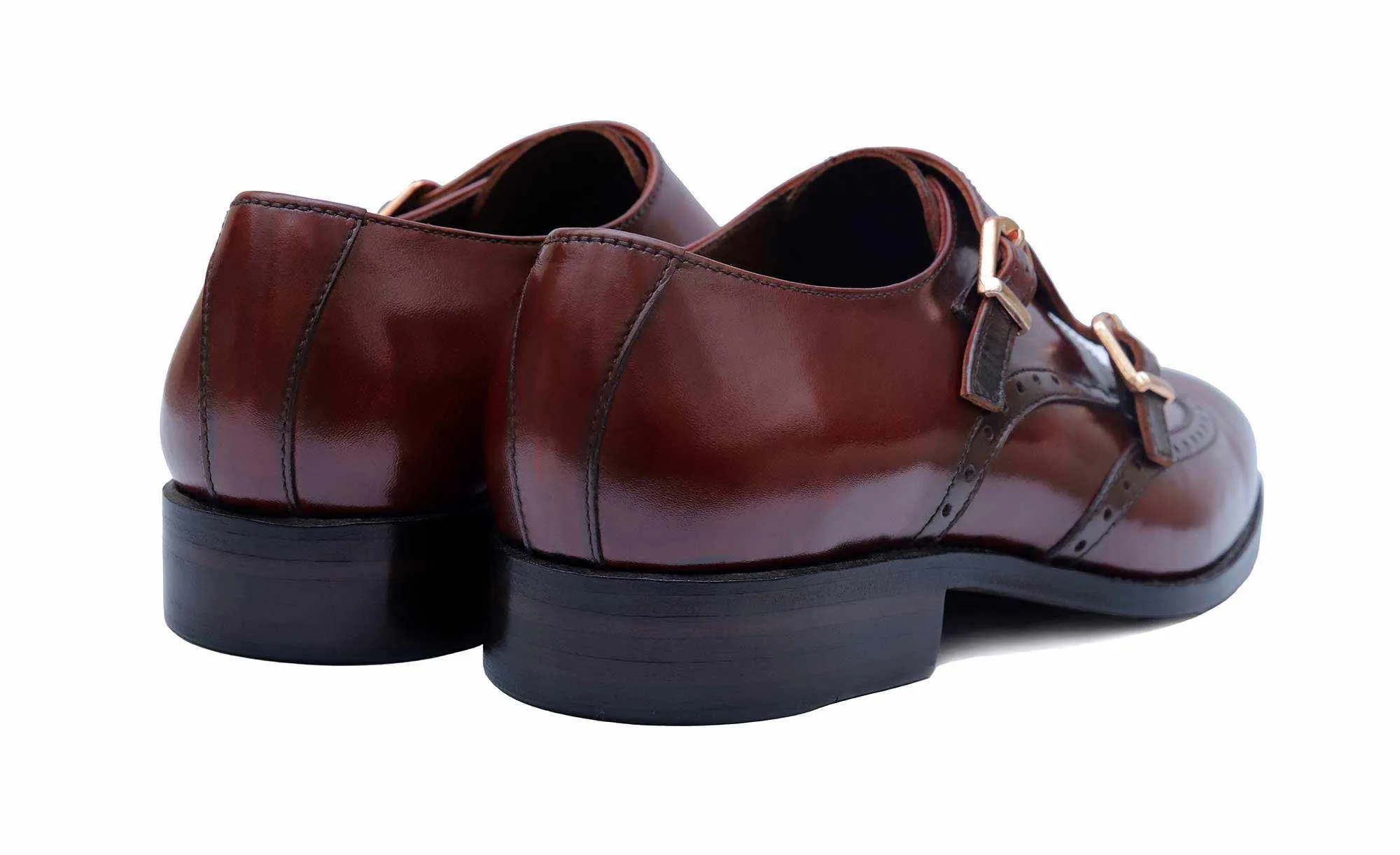 Handmade Brown Double Monk Wingtip Leather Dress Shoes